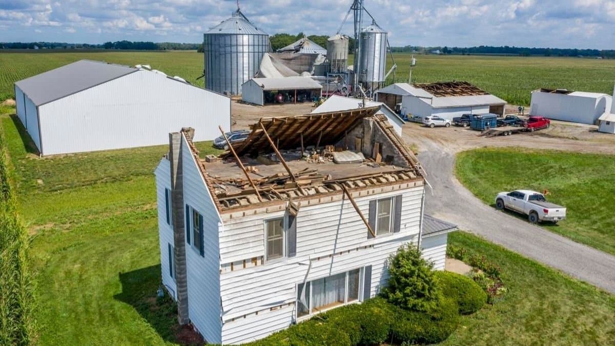 A farm building damaged by the Iowa derecho