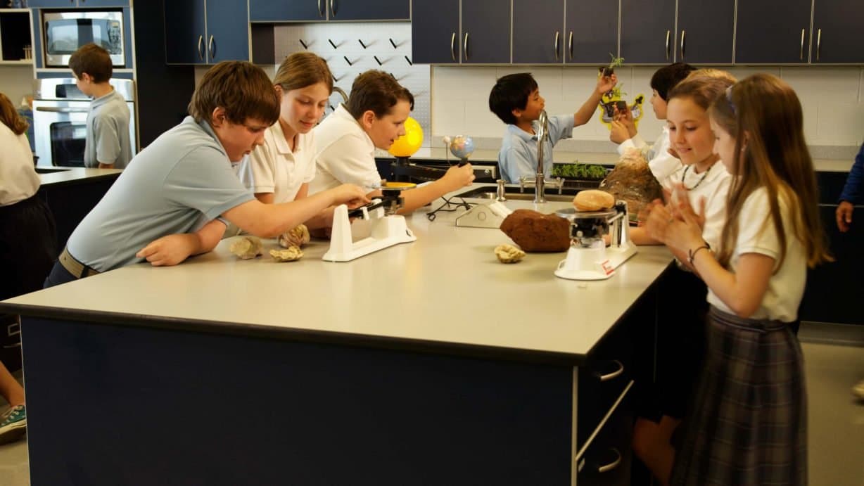 A student looking through a microscope in a school science laboratory